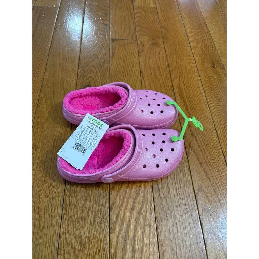 New Crocs Classic Lined Glitter Clog K Kids J3 Pink Sparkle‎ Fuzzy Warm size 3